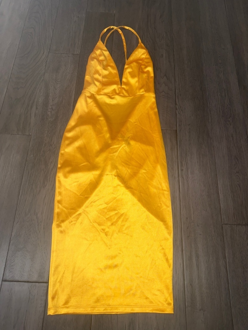 KTOO Yellow Gold Satin like Plunge Midi Dress with low scrunched Back